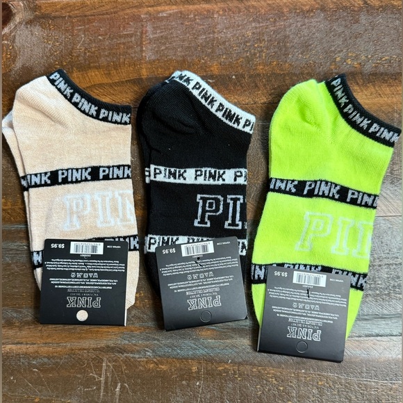 Victoria Secret Pink Collegiate Collection Socks NWT- Tan Black Neon Yellow - Picture 2 of 2